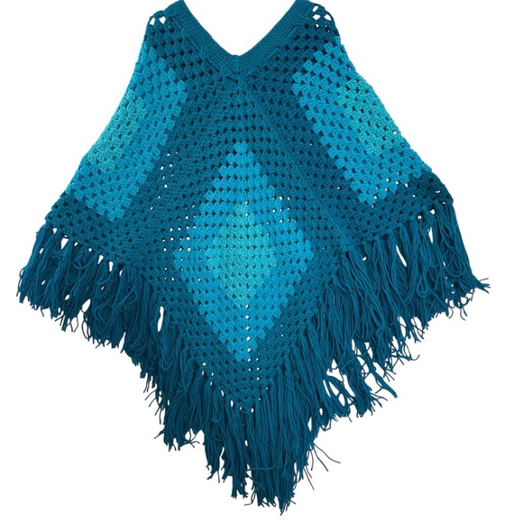 Handmade Teal Crochet Poncho Oversized Duster Boho Hippie Granny  *READ - Picture 3 of 12